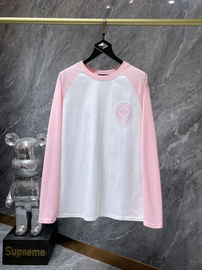 Pink Horseshoe Cross Embroidered Colorblocking Long Sleeve T-Shirt