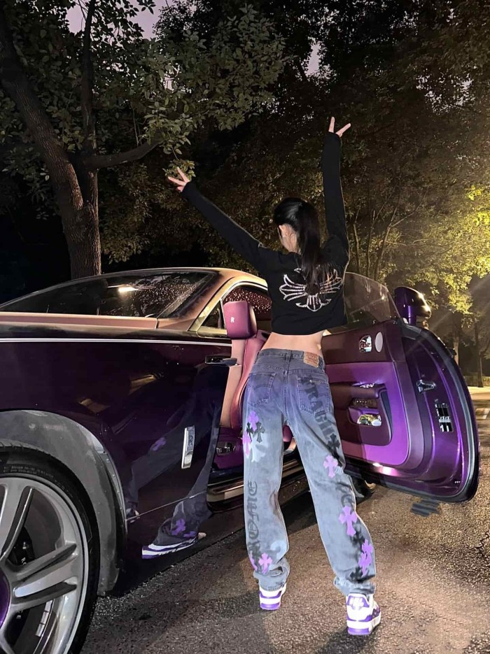 1:1 quality version Purple Black Cross Patched Graffiti Straight Leg Denim Jeans 29082285
