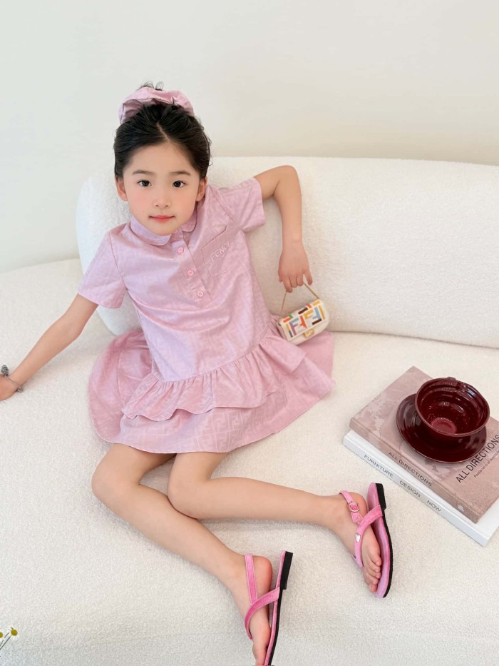 Pink FF Jacquard Polo Collar Ruffle Hem Dress for Kids 29010805