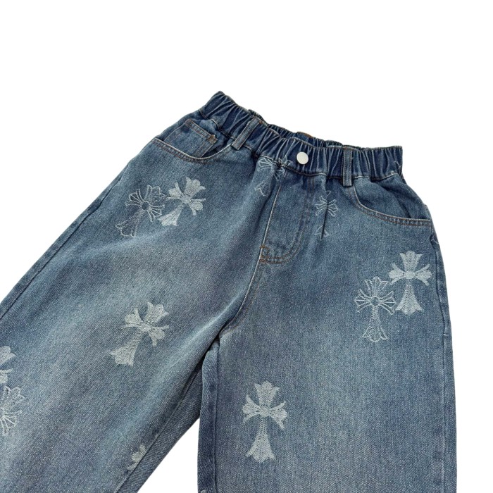 Cross Pattern Washed Elastic Waist Denim Pants for Kids 29008992