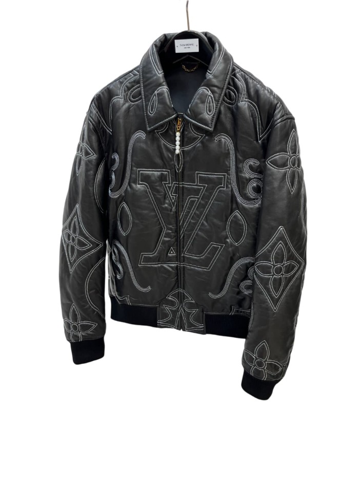 1:1 quality version Arabesque Embroidered Bomber Leather Jacket 28963888