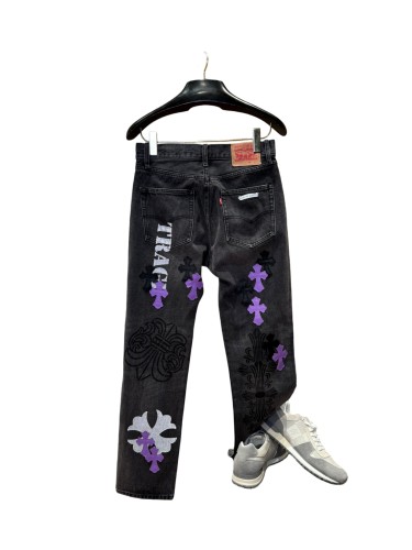1:1 quality version  Black-Purple Cross Leather Patch Print Jeans 28960875
