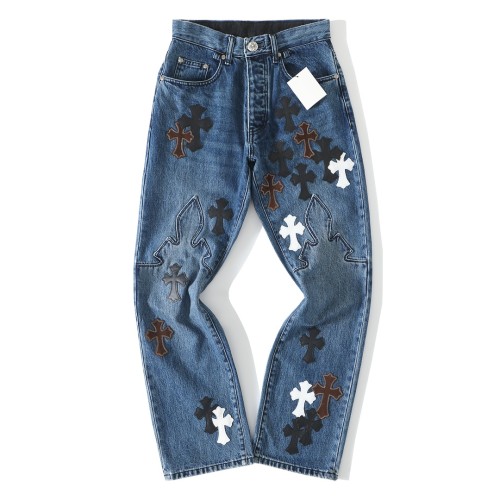 1:1 quality version Black Brown White Cross Patched Fire Medium Blue Leg Denim Pants 29082321