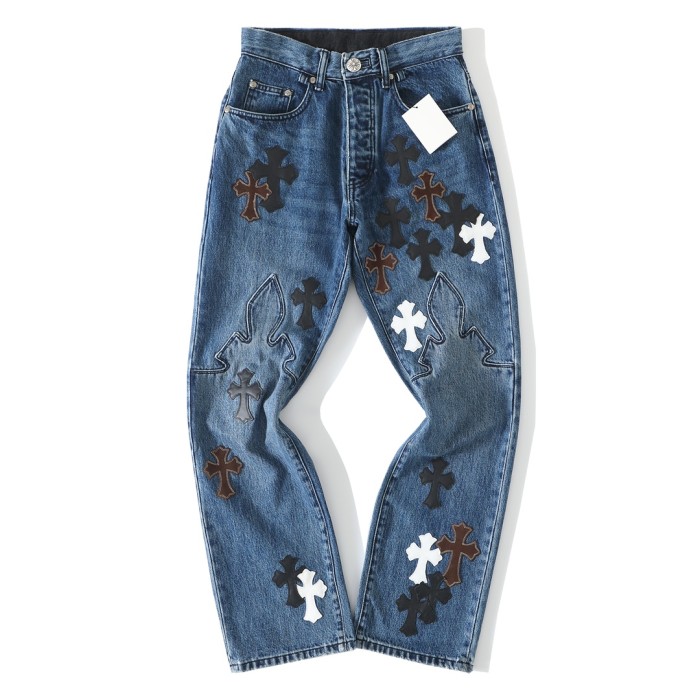 1:1 quality version Black Brown White Cross Patched Fire Medium Blue Leg Denim Pants 29082321