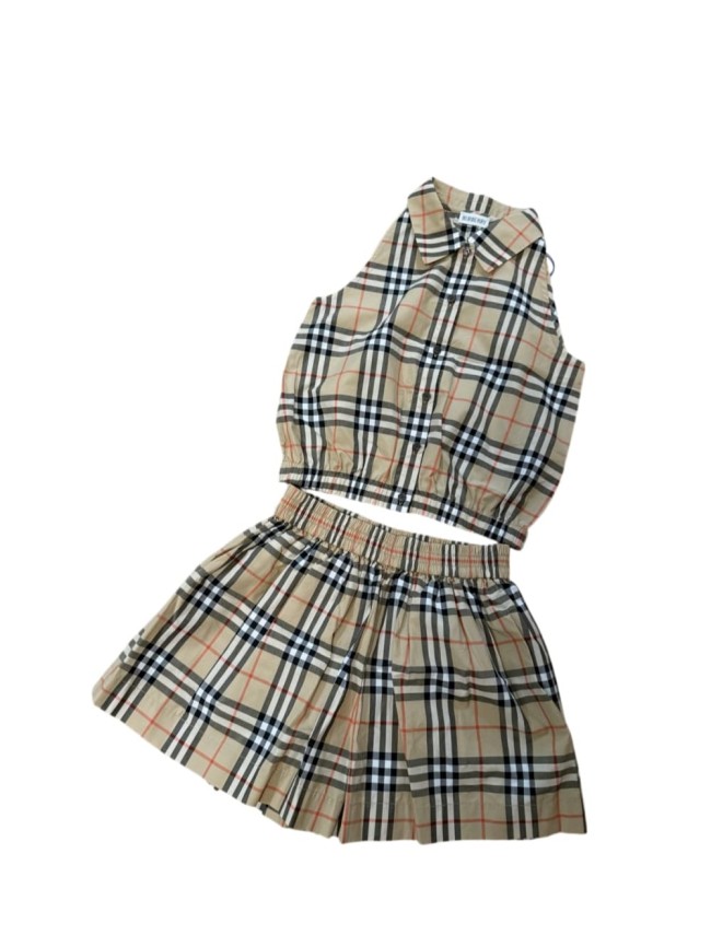 Khaki Check Girls Sleeveless Top &  Shorts Set  for Kids 29000439