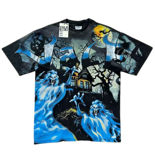 Retro Halloween Ghost Wolf Graphic Washed T-Shirt 29027404