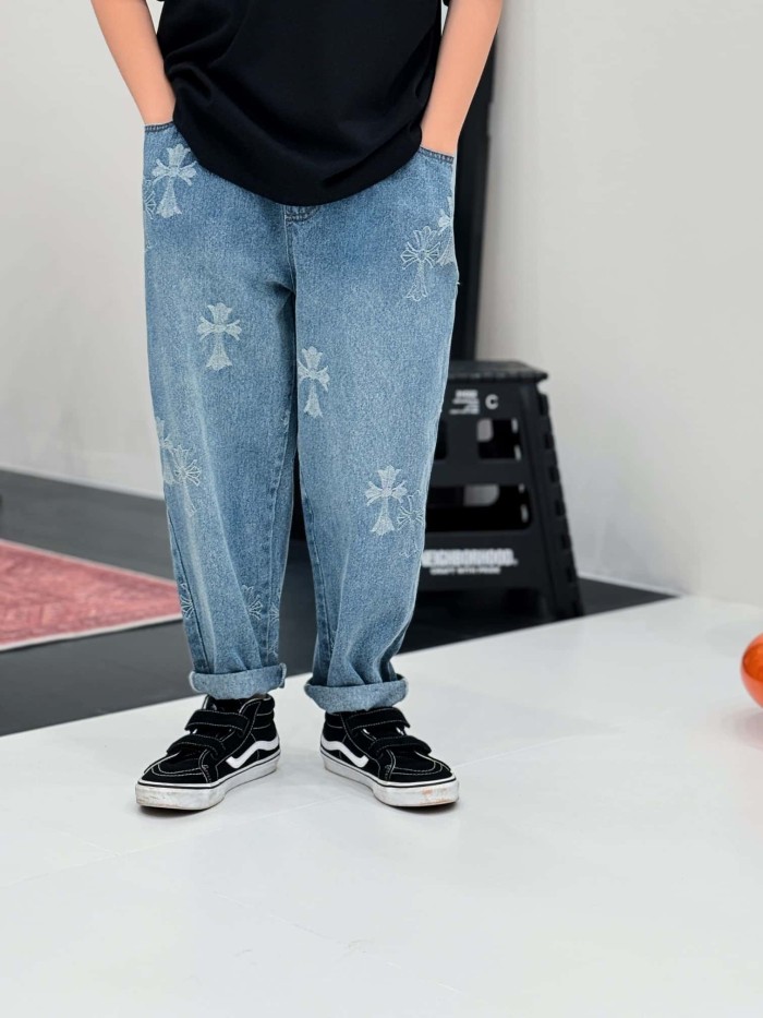 Cross Pattern Washed Elastic Waist Denim Pants for Kids 29008992