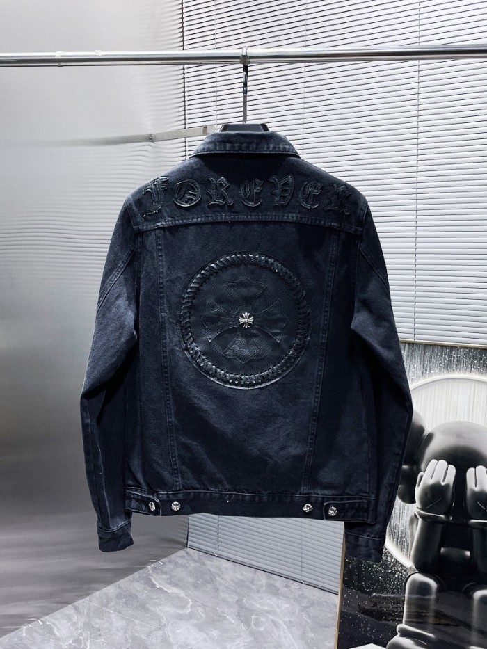 Hand-Woven Disc Sanskrit Embroidered Patch Leather Denim Jacket