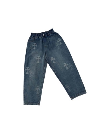 Cross Pattern Washed Elastic Waist Denim Pants for Kids 29008992