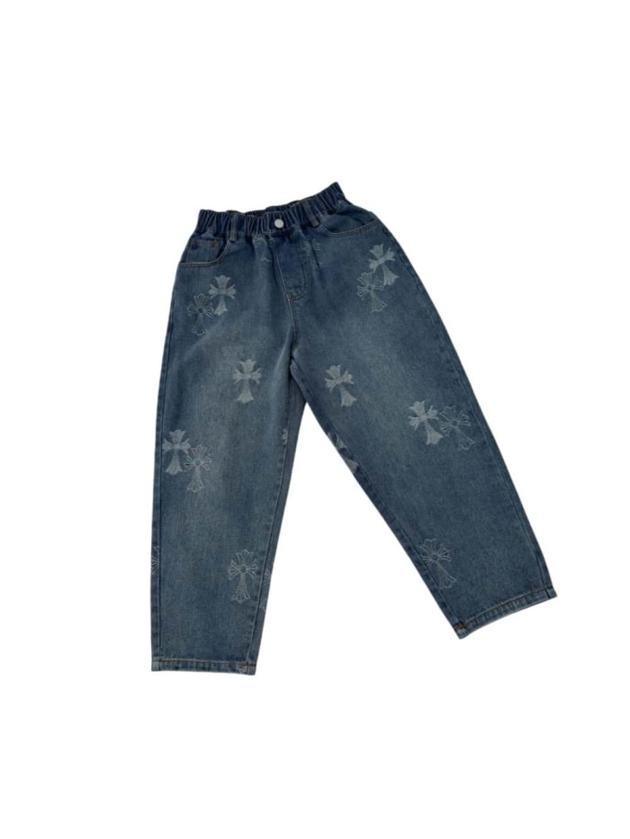 Cross Pattern Washed Elastic Waist Denim Pants for Kids 29008992