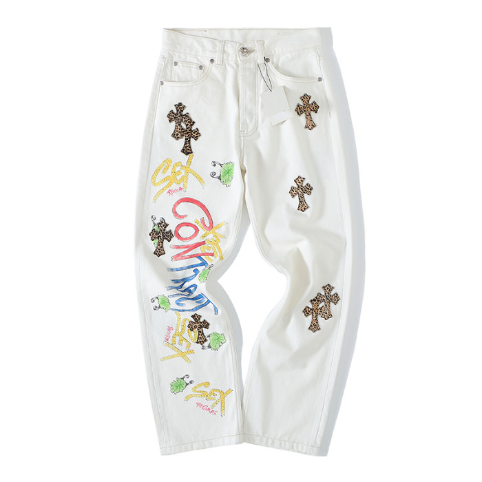 1:1 quality version Leopard Leather Cross Hand Painted Graffiti Pure Silver Button Down Jeans