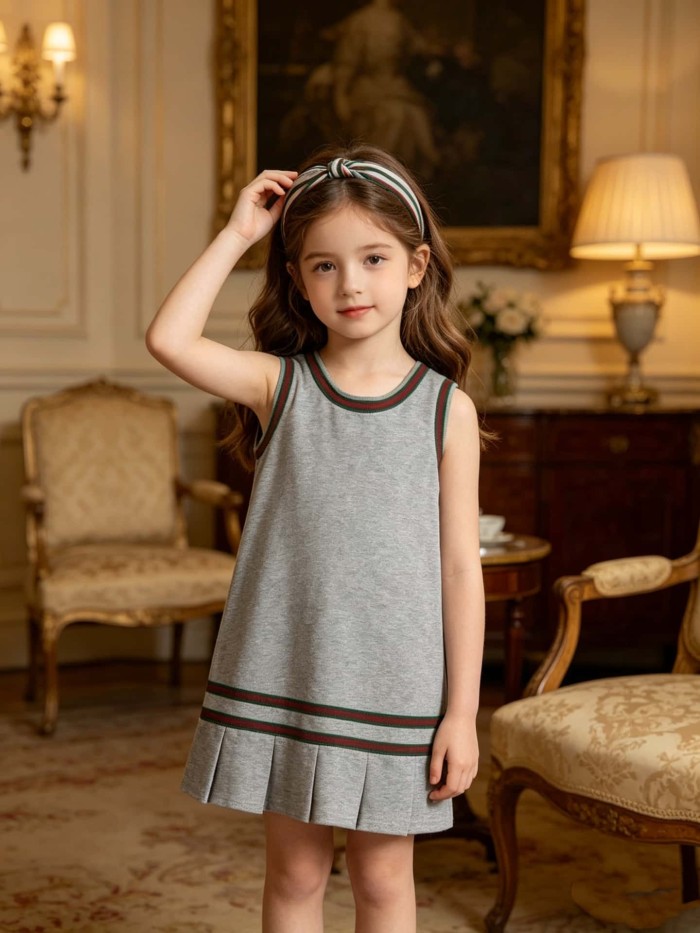 Grey Cotton Iconic Red-Green Web Sleeveless Dress for Kids 29008604