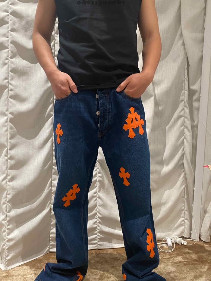 1:1 quality version  orange cross leather appliqués washed jeans 28959532