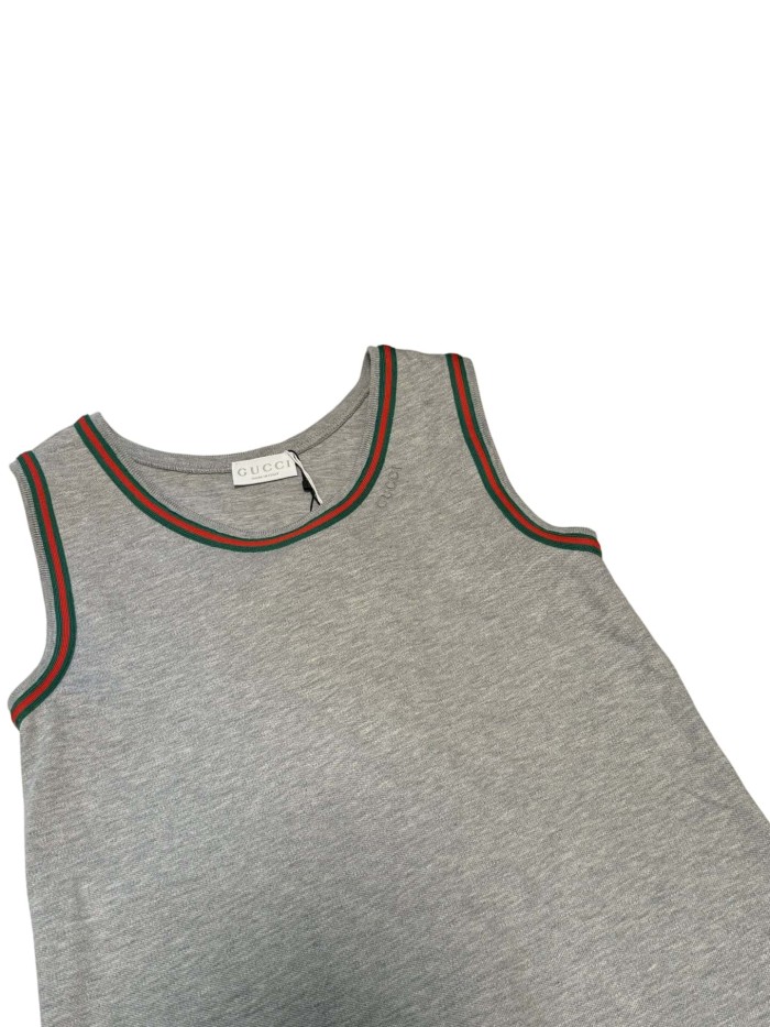 Grey Cotton Iconic Red-Green Web Sleeveless Dress for Kids 29008604