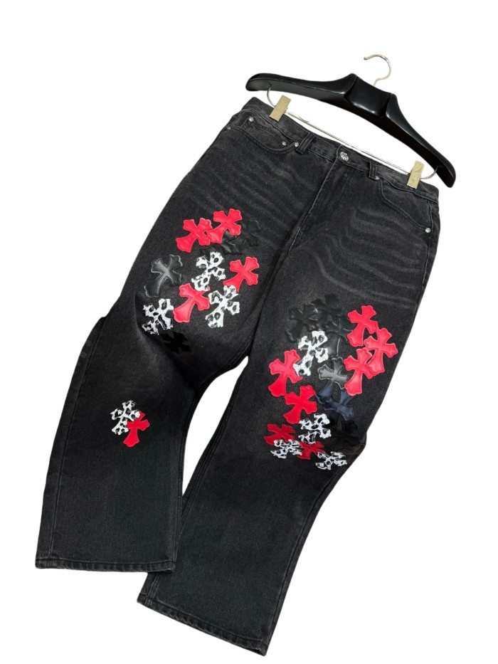 1:1 quality version  leopard print, flame and cross motifs heavy-duty jeans 28959669