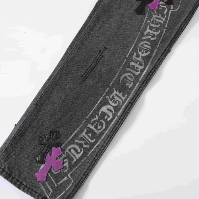 1:1 quality version Purple Black Cross Patched Graffiti Straight Leg Denim Jeans 29082285
