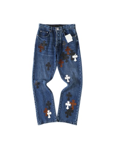1:1 quality version Black Brown White Cross Patched Medium Blue Leg Denim Pants 29082332
