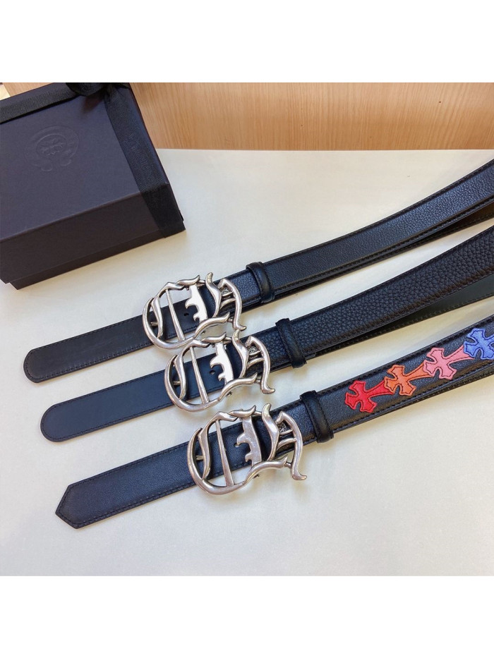 1:1 quality version Sanskrit Ch Monogram Sterling Brass Silver Plated Buckle Leather Belt 3 colors【Width 3.0 cm】