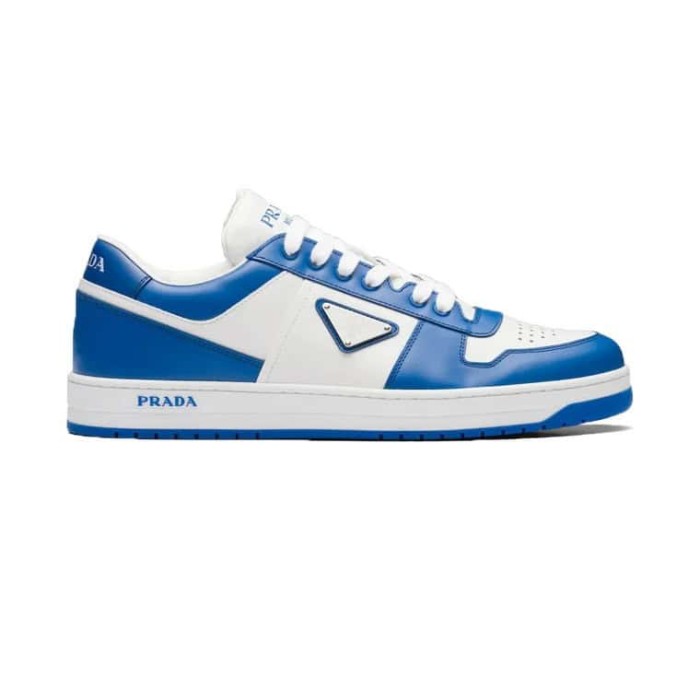 PR@DA@ DOWNTOWN LEATHER SNEAKERS IN WHITE AND LACQUER BLUE- PRD011