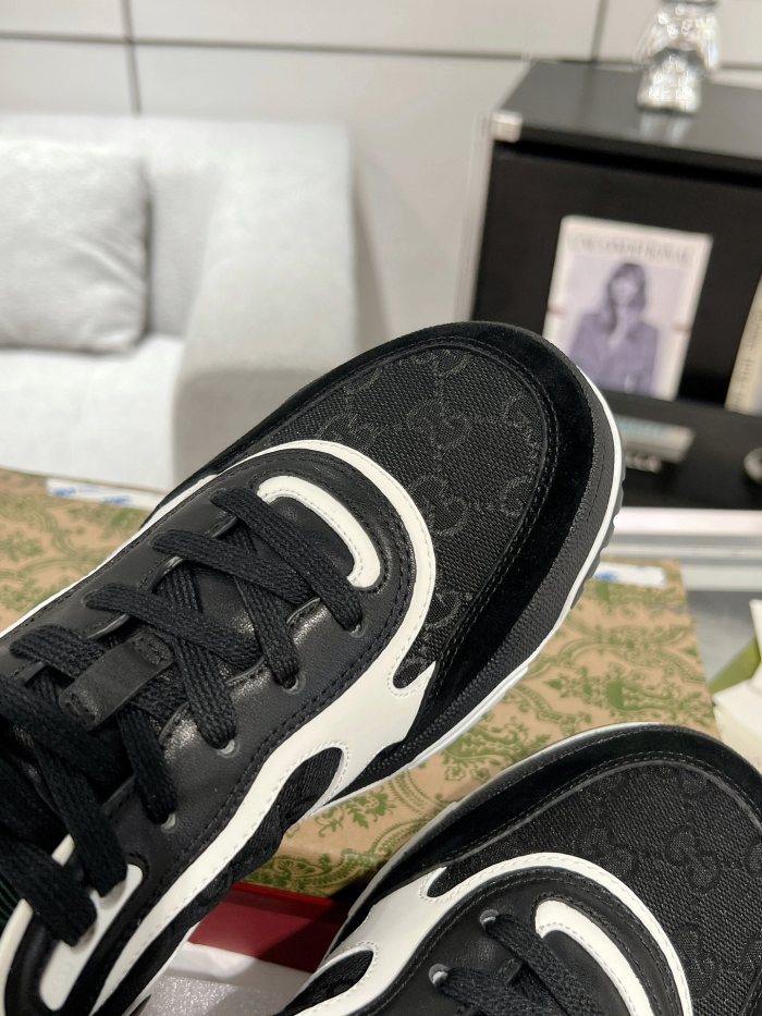 1:1 quality version Re-Web Black White GG Canvas Leather Low Top Sneakers Lace-Up Shoes 28974469