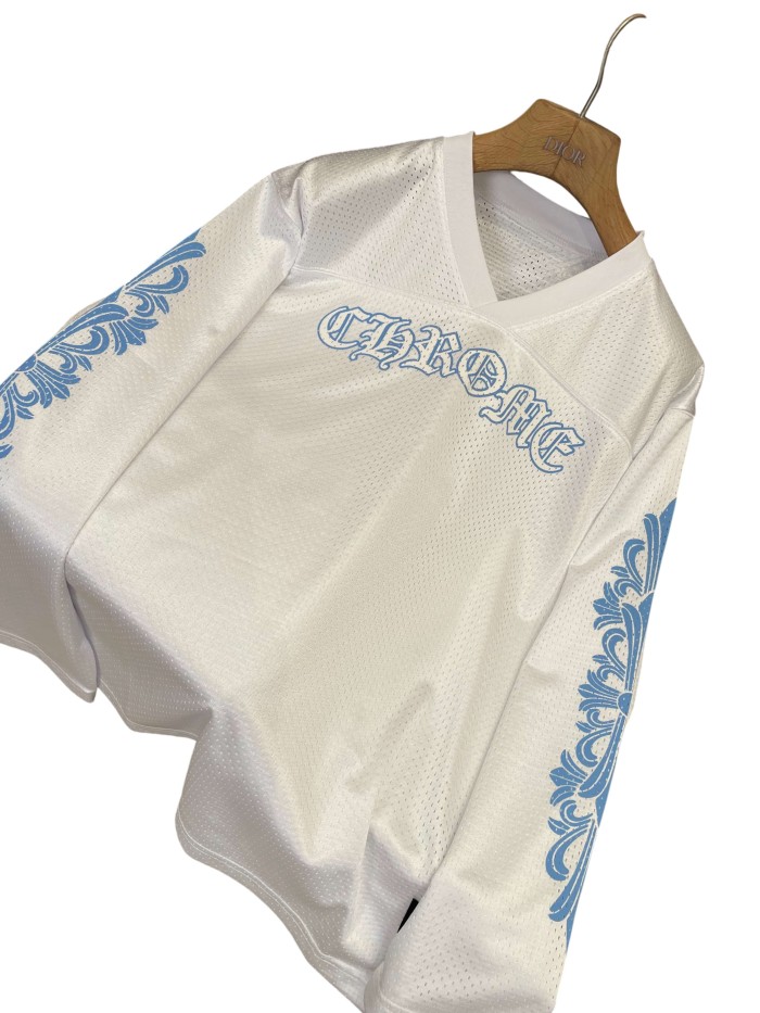 1:1 quality version Letter Print & Embroidery V-Neck Breathable Mesh Long Sleeve T-Shirt 28938238