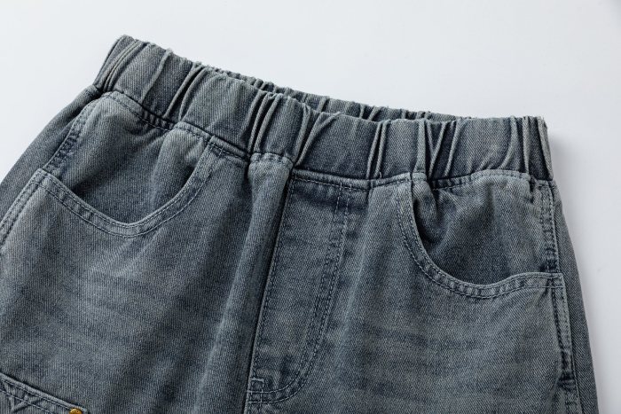 Embossed Monogram Rivet Pocket Washed Denim Shorts for Kids 29006099