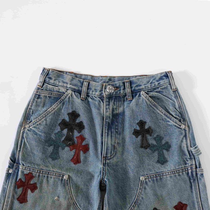 1:1 quality version Black Red Teal Cross Patched Light Blue Washed Carpenter Denim Jeans 29082300