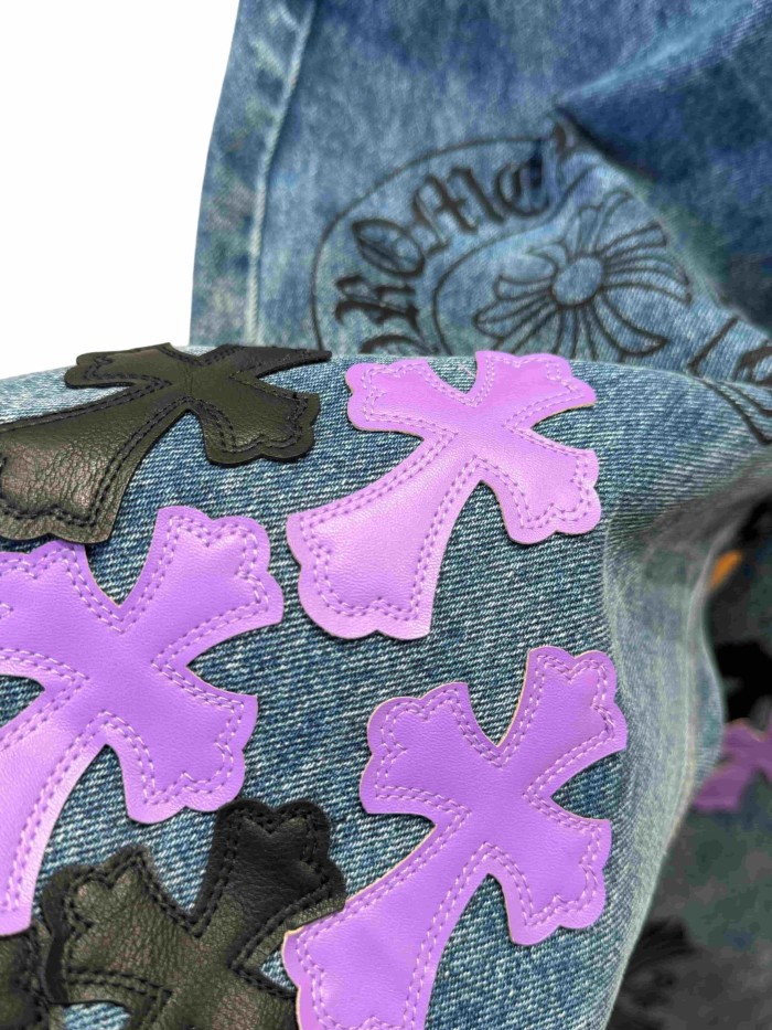 1:1 quality version  black & purple color-block cross leather prints jeans 28959500