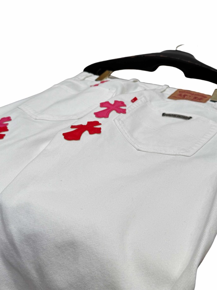 1:1 quality version  pink & white cross leather patch washed jeans 28959540