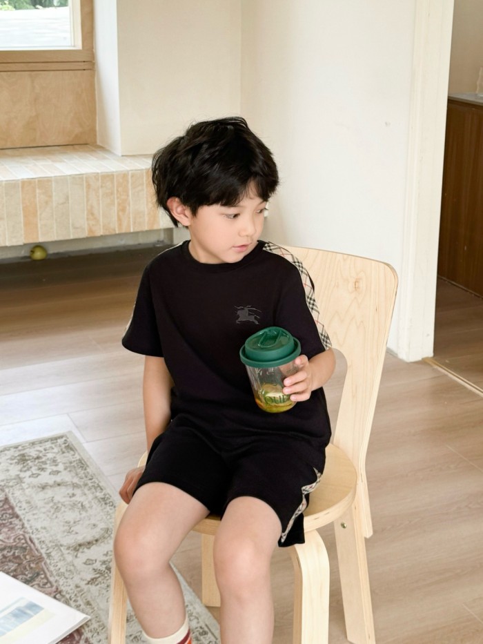 Black Check Trim Cotton T-Shirt for Kids 29010785