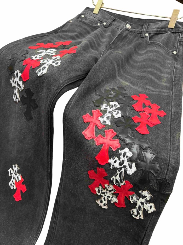 1:1 quality version  leopard print, flame and cross motifs heavy-duty jeans 28959669