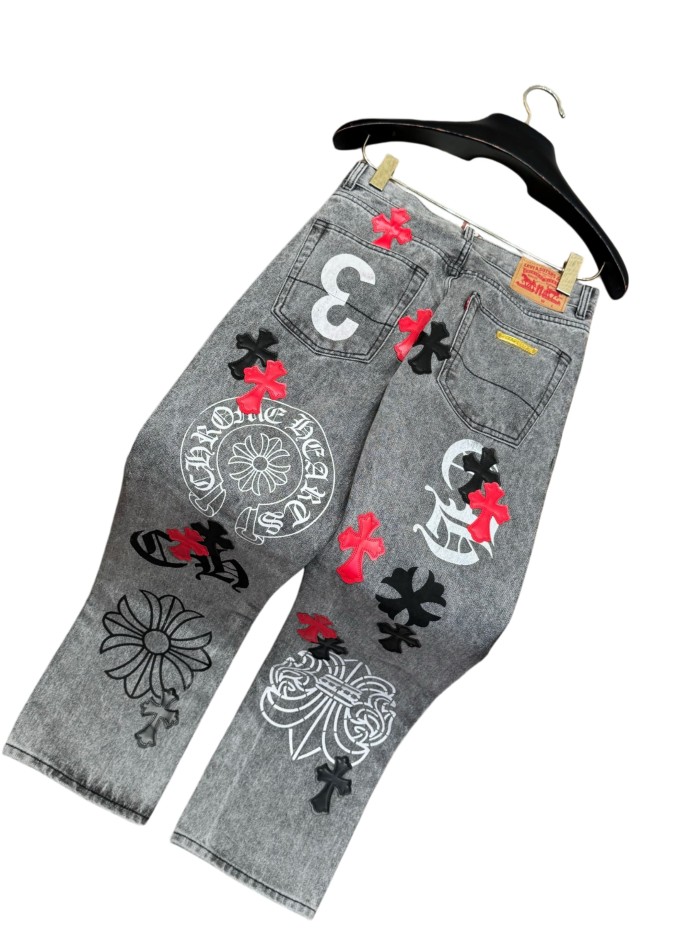 1:1 quality version  black and red cross genuine leather appliqué printed jeans 28959554