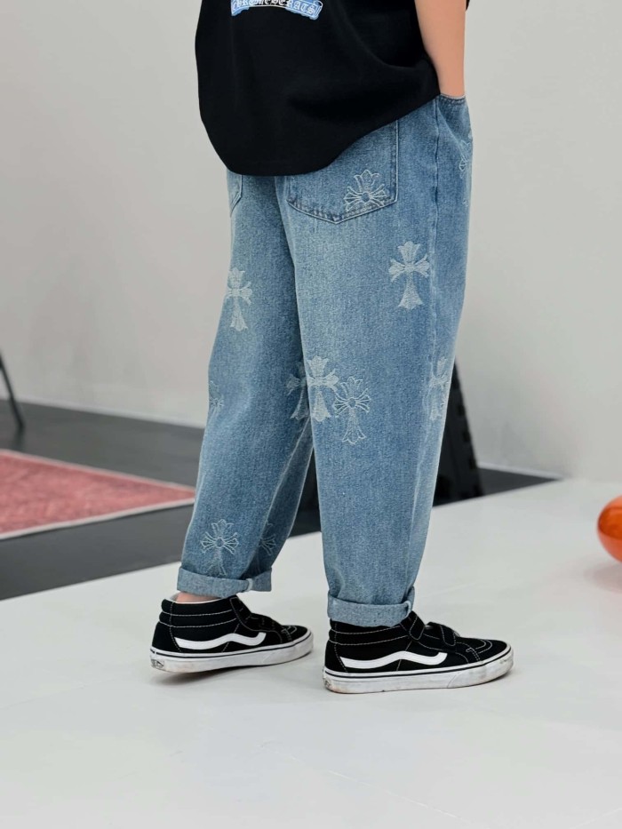 Cross Pattern Washed Elastic Waist Denim Pants for Kids 29008992