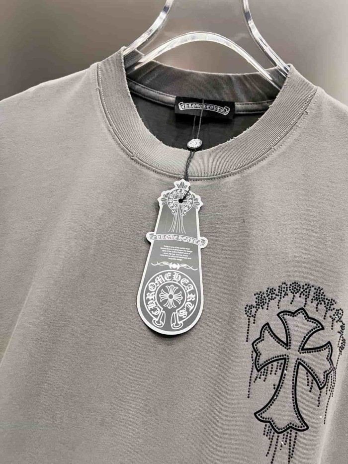 1:1 quality version Dripping Cross Rhinestone Printed Printed  Vintage Tee 2 colors 29082498