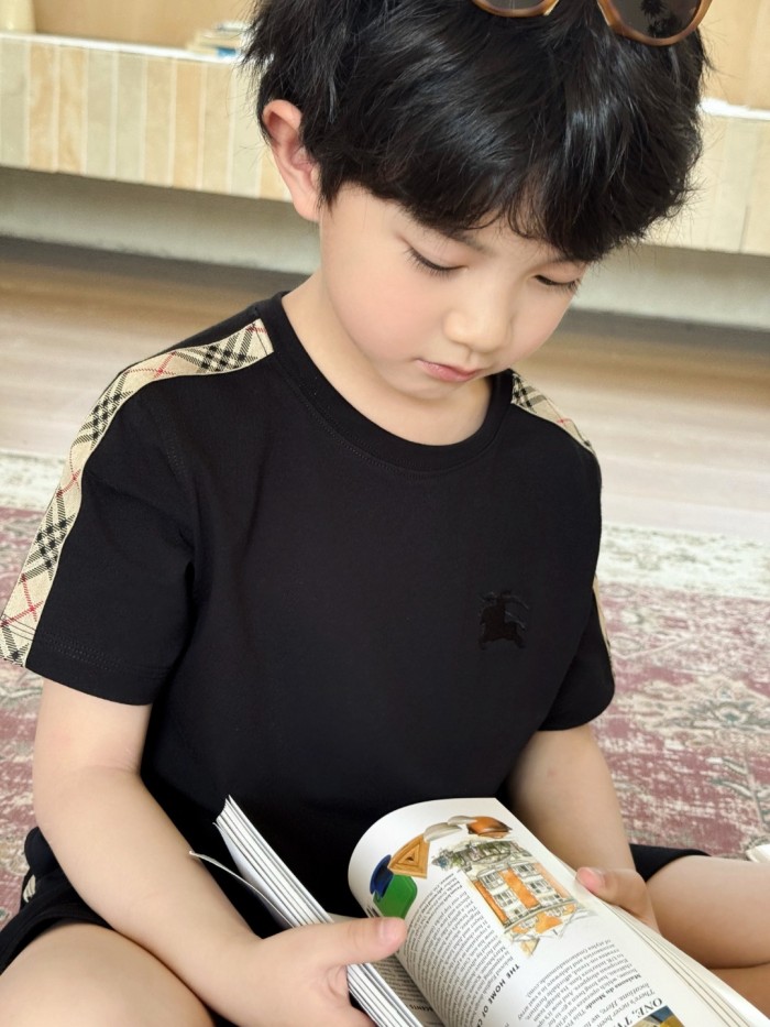 Black Check Trim Cotton T-Shirt for Kids 29010785