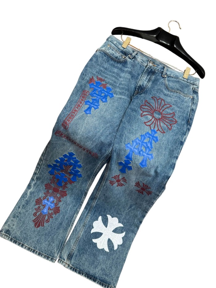 1:1 quality version  blue crosses and red flower appliqués washed blue jeans 28959455