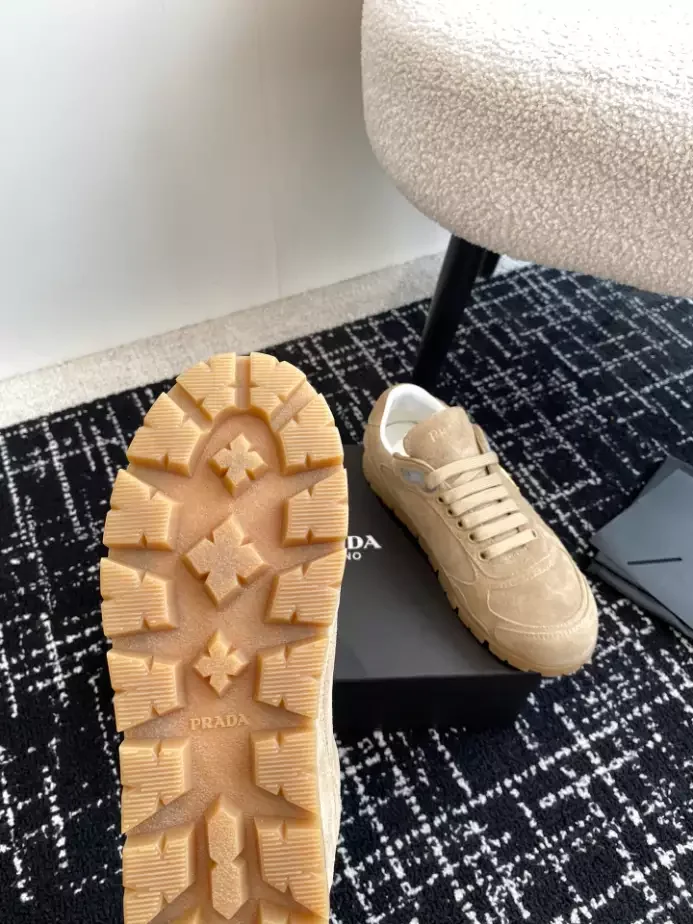PR@DA@ TRAIL FADED SUEDE SNEAKERS IN ECRU   PRD080