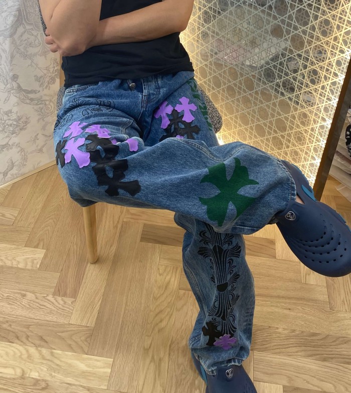 1:1 quality version  black & purple color-block cross leather prints jeans 28959500