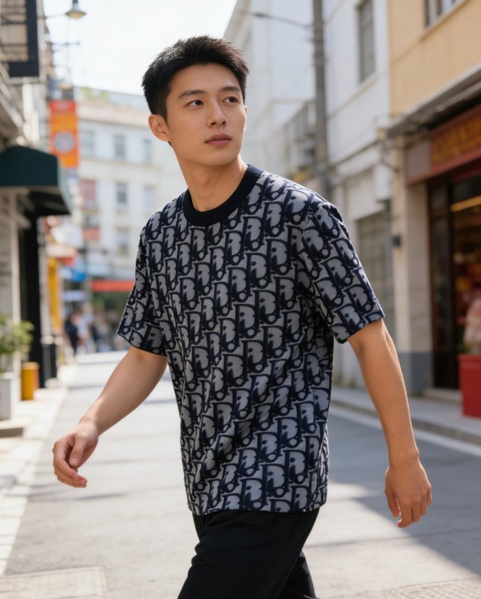 1:1 quality version Dark Blue Color-Blocked Jacquard Knit T-shirt 28968062