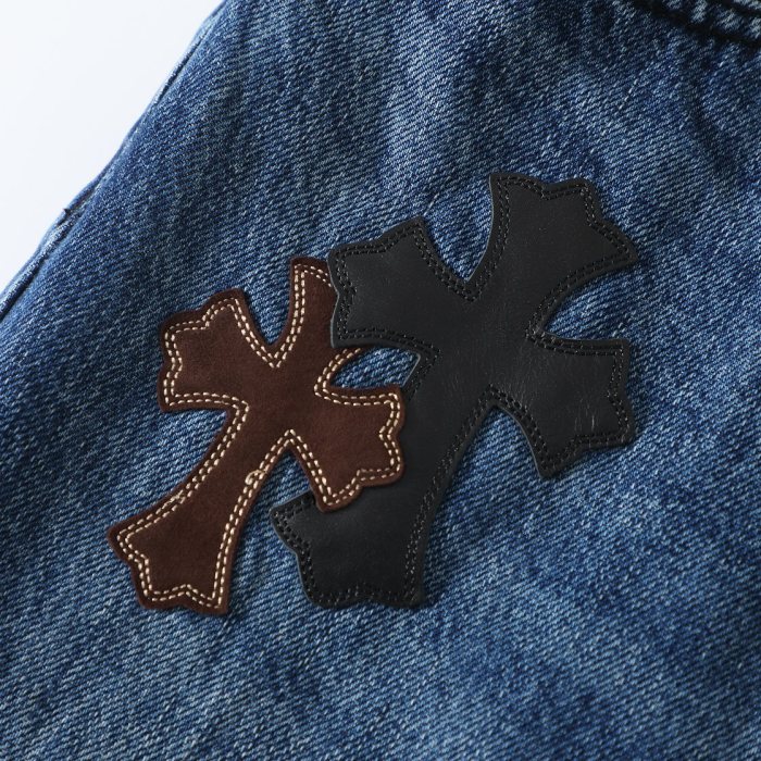 1:1 quality version Black Brown White Cross Patched Fire Medium Blue Leg Denim Pants 29082321