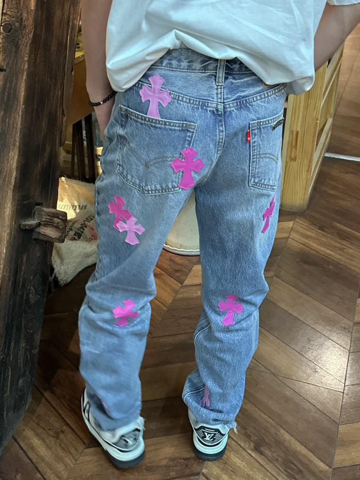 1:1 quality version Pink Patch Cross Ripped Fringe Jeans