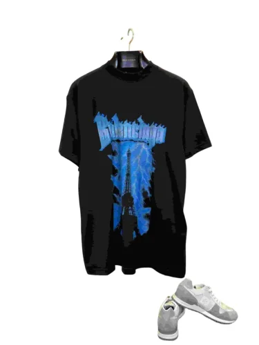 1:1 quality version Ice Blue Spike Gothic Font Eiffel Tower Printed T-shirt 29077527
