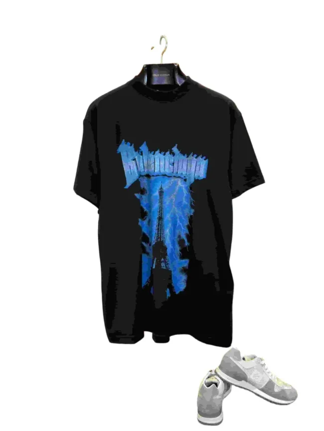 1:1 quality version Ice Blue Spike Gothic Font Eiffel Tower Printed T-shirt 29077527