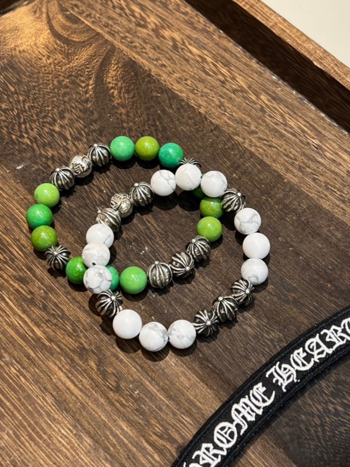 White Turquoise & Wire Green Silver Bead Bracelet 2 colors