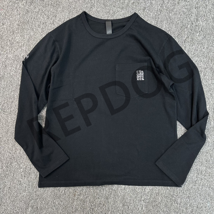1:1 quality version Chest Pocket Right Sleeve Sanskrit Letter Embroidered Long Sleeve T-Shirt 2 colors