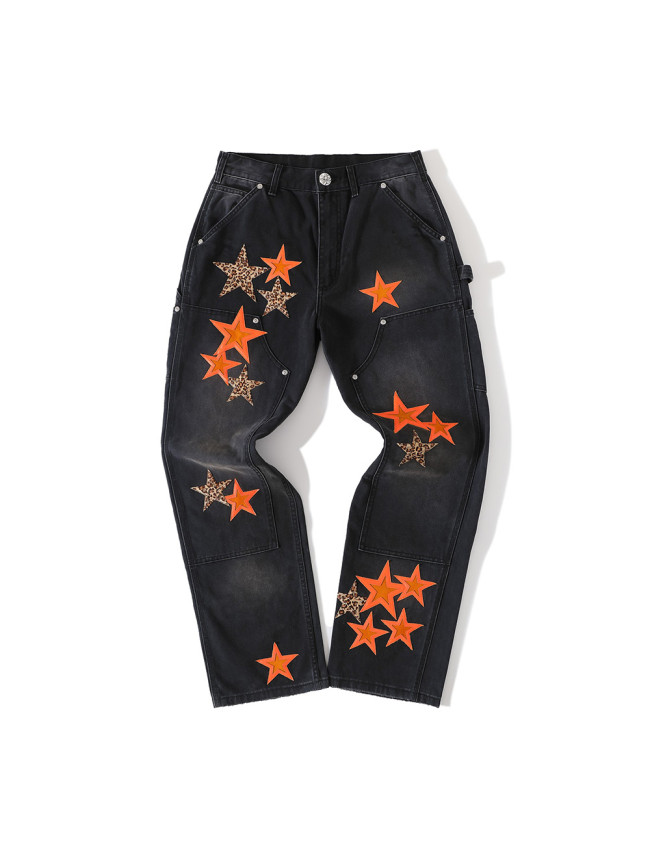 1:1 quality version Orange-Lined Leopard-Print Five-Pointed Star Jeans 28791707