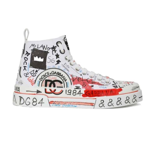 DOLCE AND  G@BB@N@ HAND-PAINTED GRAFFITI CANVAS PORTOFINO LIGHT MID-TOP SNEAKERS    DG111