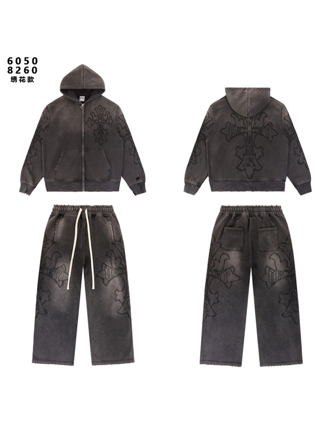 Embroidered Distressed Washed Version Zippe Hoodie & Pants Set 2 colors 28755586