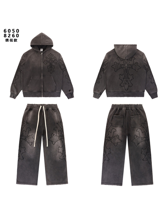 Embroidered Distressed Washed Version Zippe Hoodie & Pants Set 2 colors 28755586