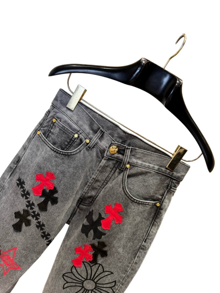 1:1 quality version  black and red cross genuine leather appliqué printed jeans 28959554